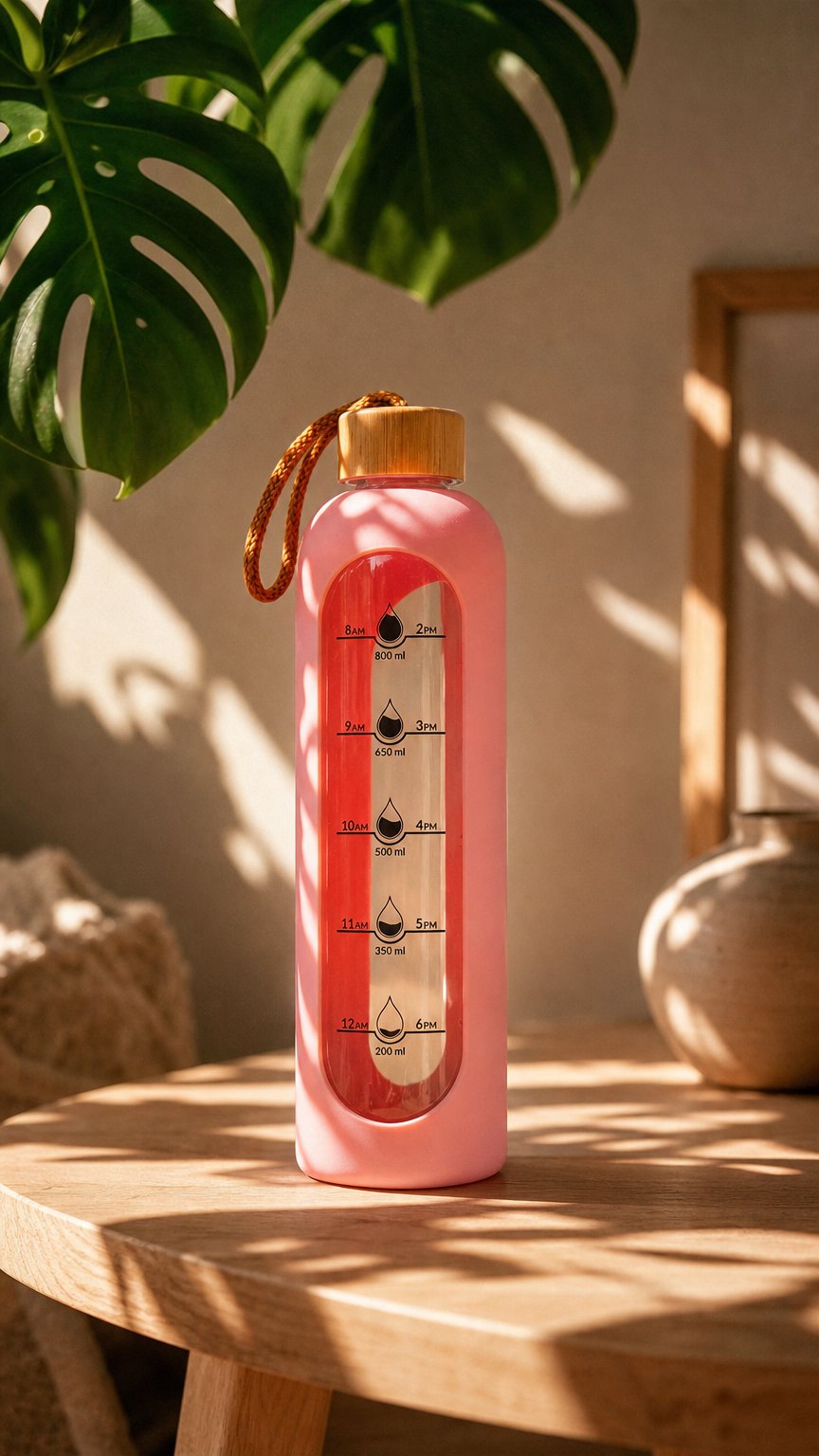 AI product shot of Butelka szklana bidon motywacyjny z miarką 1 L z bambusową zakrętką na wodę, lemoniadę, elektrolity, izotoniki