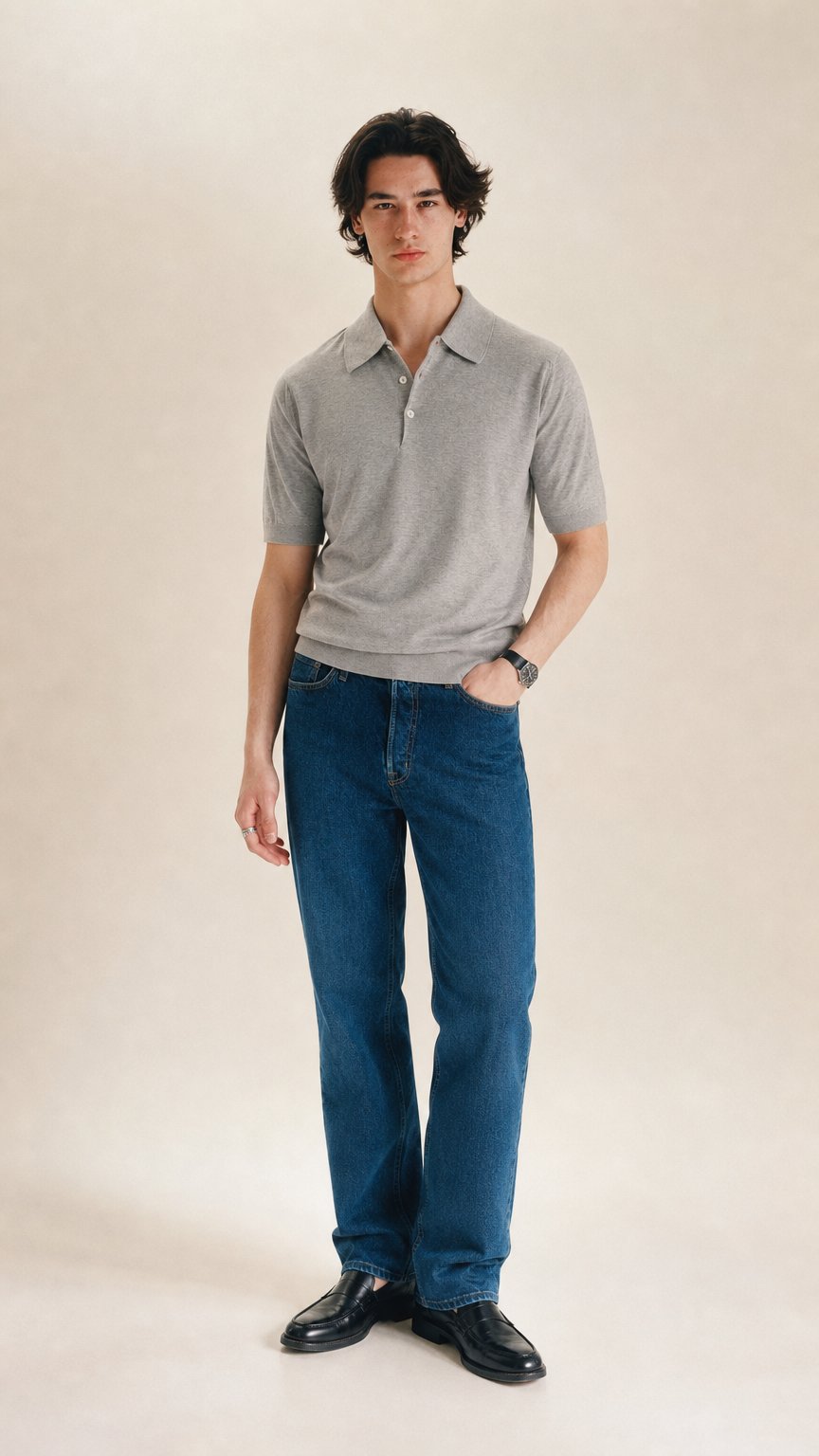 AI product shot of Malloch's x John Smedley Light Grey Cromford Sea Island Cotton Polo Shirt