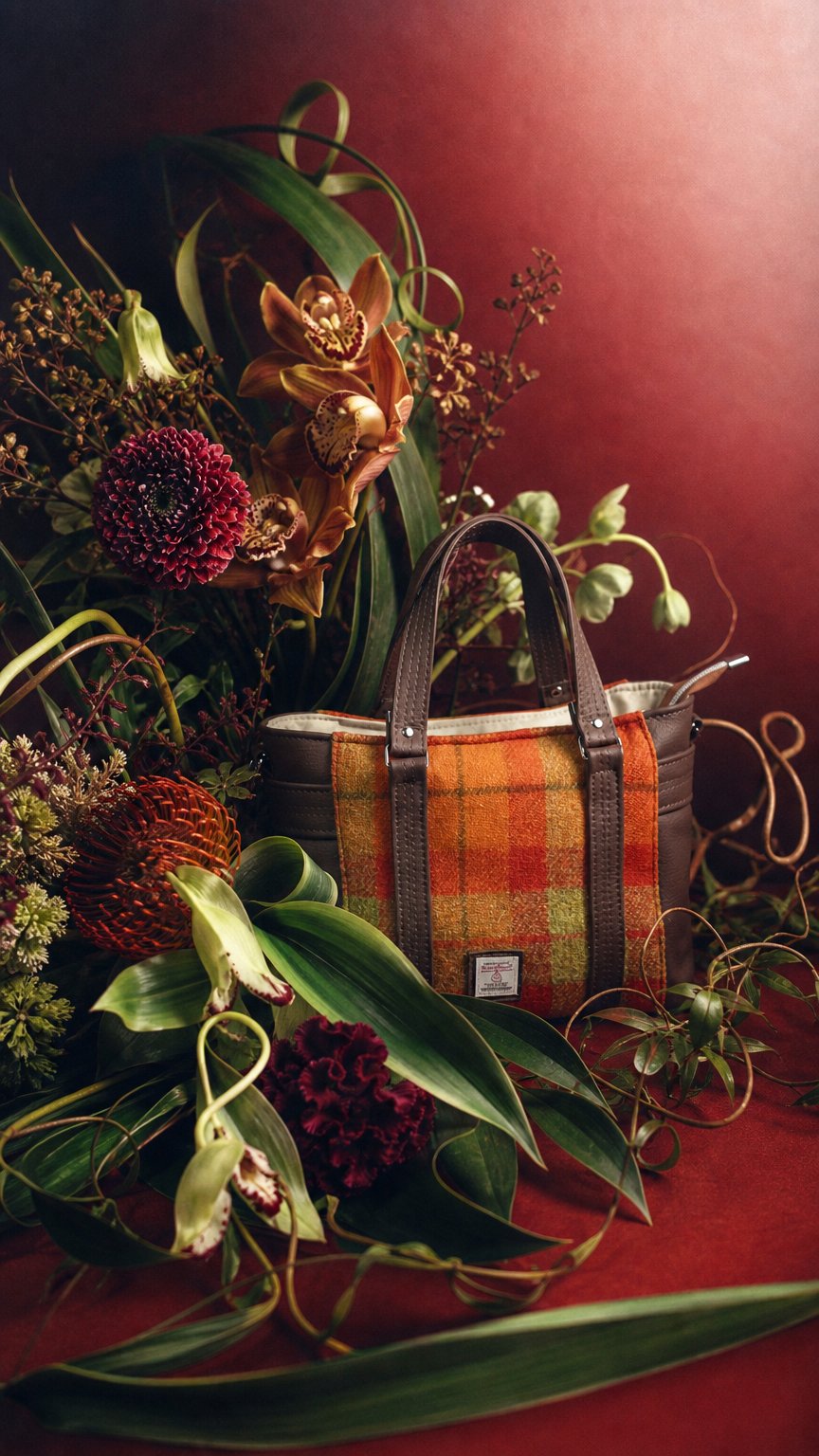 AI product shot of Harris tweed Crossbody Handbag made with chocolate brown genuine leather and woven wool, shoulder bag with zip pocket large adjustable strap organiser bag (Copy) (Copy) (Copy)