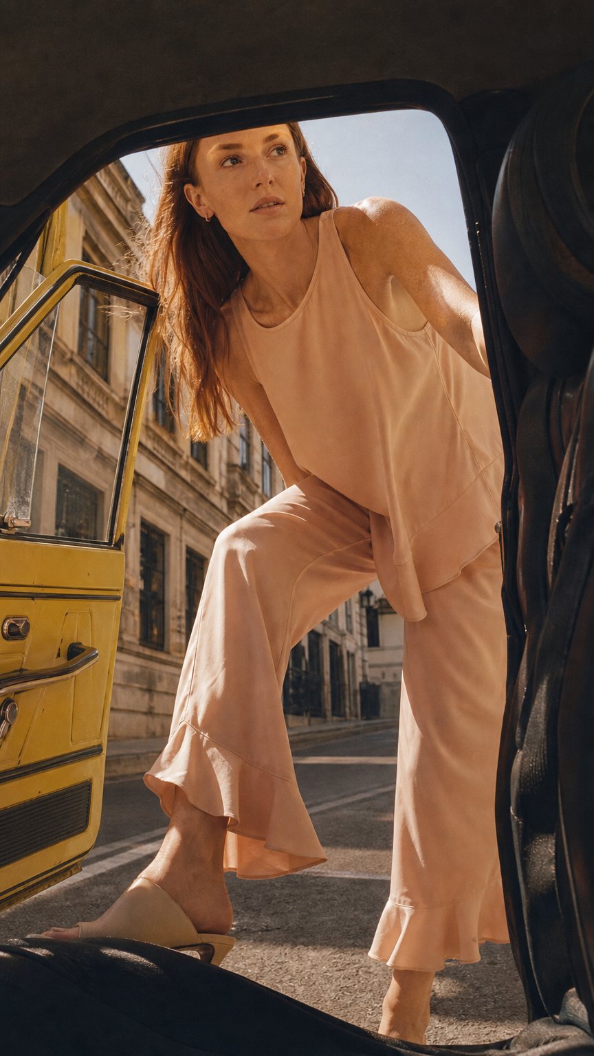 AI product shot of Ruffle Pant Set - Dusty Sunrise
