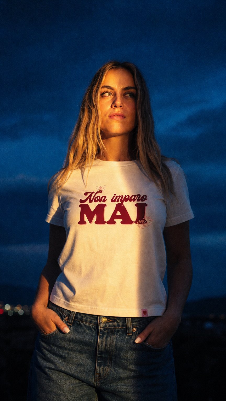 AI product shot of "NON IMPARO MAI" BABY TEE