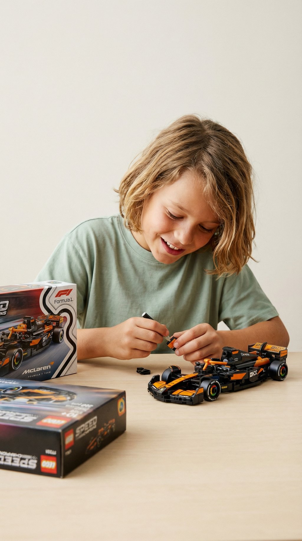 AI product shot of LEGO Speed Champions McLaren F1 Team MCL38 Race Car Toy - Model Kit w/a Collectible Formula 1 Driver Minifigure - Gift for 10+ Year Old Boys, Girls and Adult Motorsport Fans - 77251
