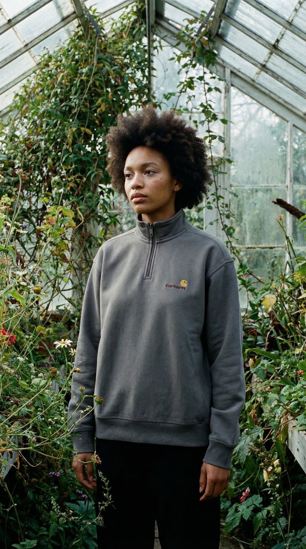 AI product shot of Carhartt WIP Half Zip American Script Sweater Porphyry