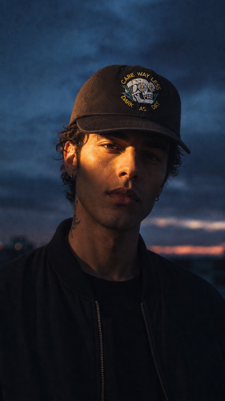 AI product shot of Care Way Less 6 Panel Cap