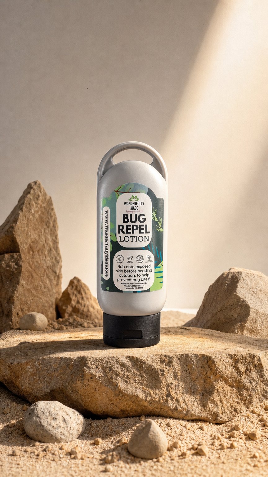 AI product shot of BUG REPEL LOTION | organic | natural preservative | No Parabens | Essential Oil scented