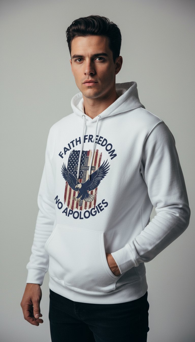 AI product shot of America First No Apologies Hoodie - Bold Patriotic Statement