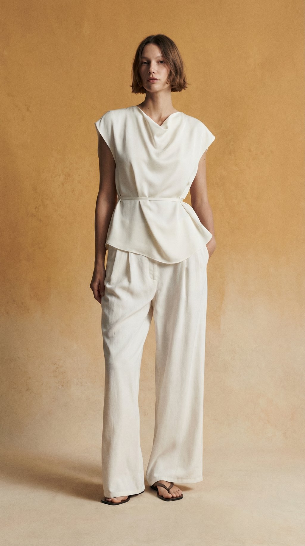 AI product shot of Calças wide leg com dupla pinça