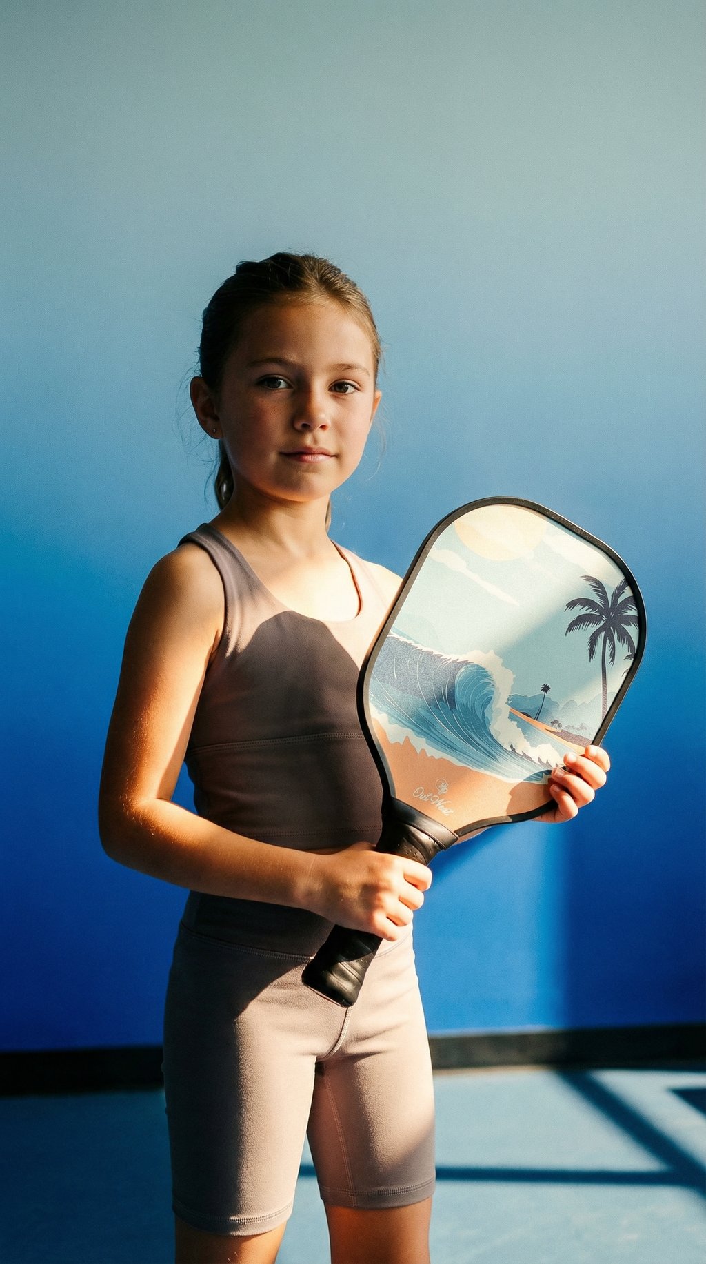 AI product shot of OutWest Sport Kids Fiberglass Pickleball Paddle (Ages 5-12). Lightweight, Durable, and Perfect for Young Players