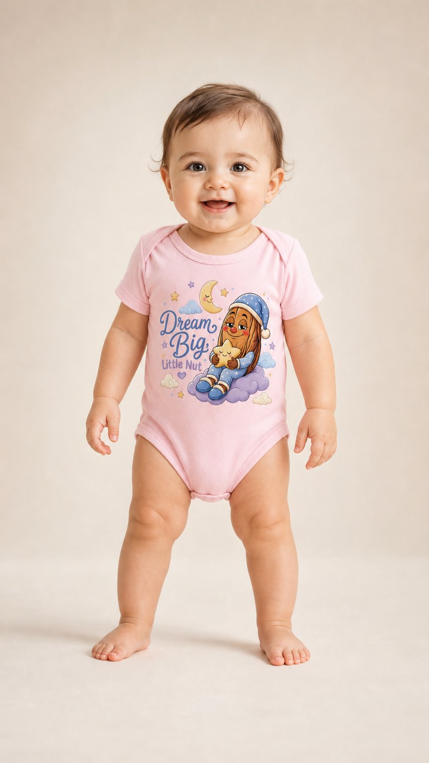 AI product shot of Dream Big, Little Nut – Bedtime Pajama Onesie (Bella+Canvas 100B)