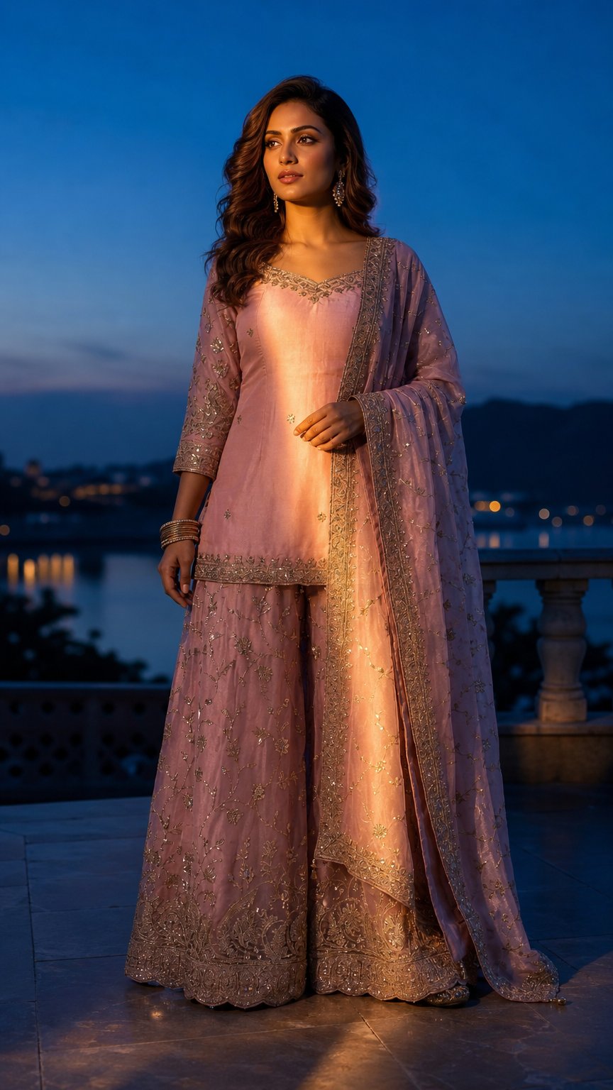 AI product shot of Baby Pink Embroidery Blend Tissue Sharara Stitched