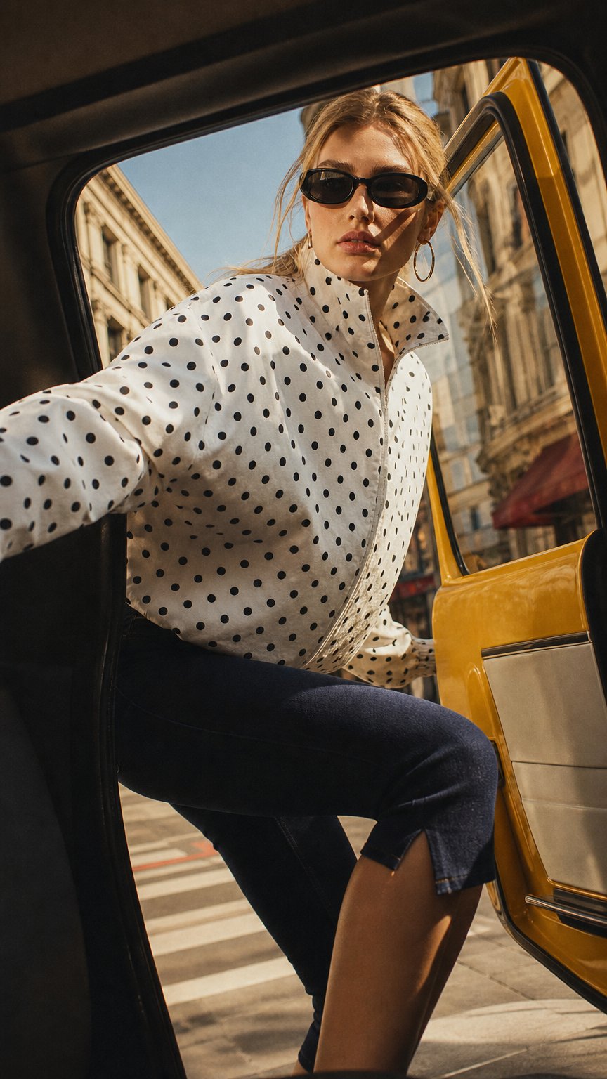 AI product shot of White Polka Dot Bubble Hem Zip Lightweight Jacket