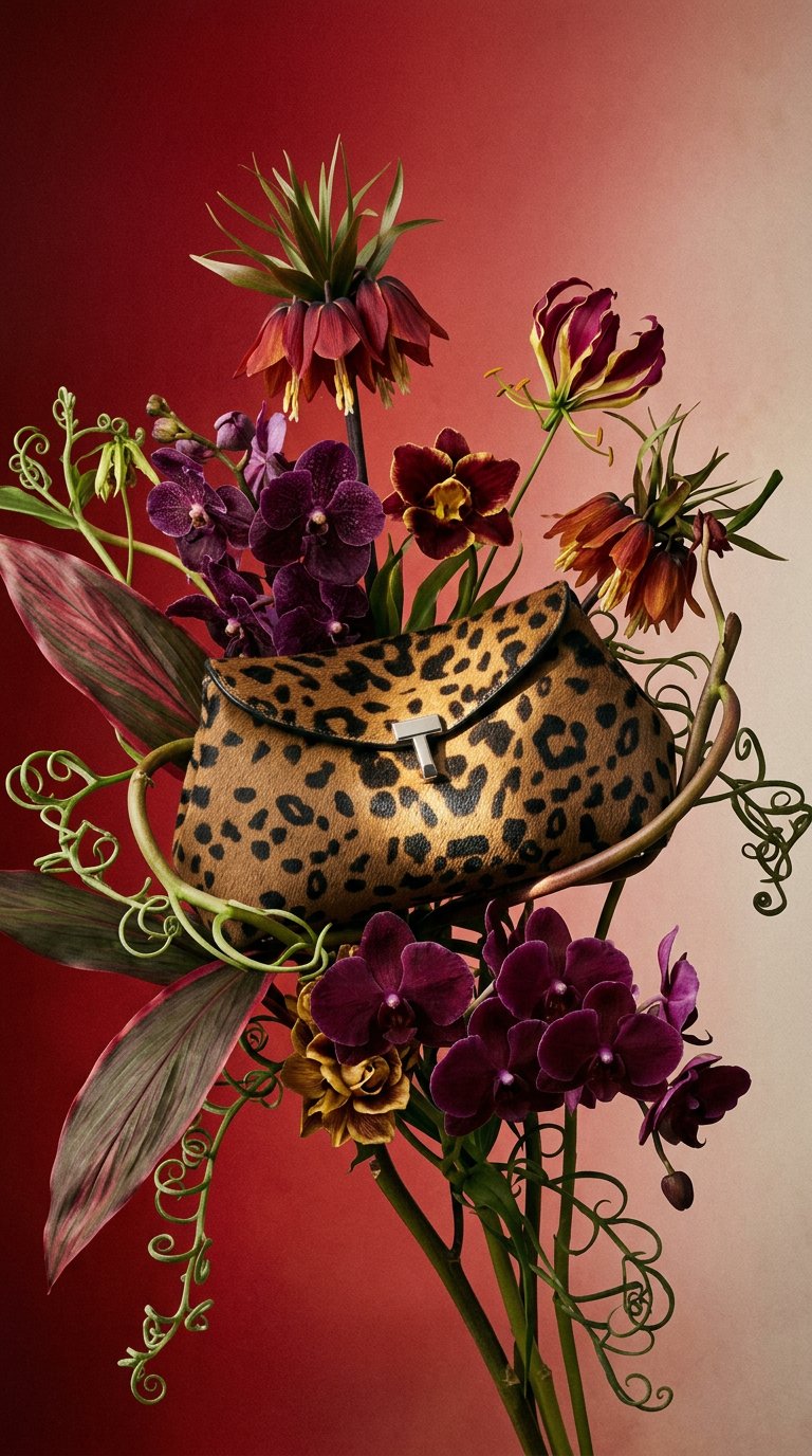 AI product shot of Mini T-Lock Clutch in Leopard Print Pony Hair