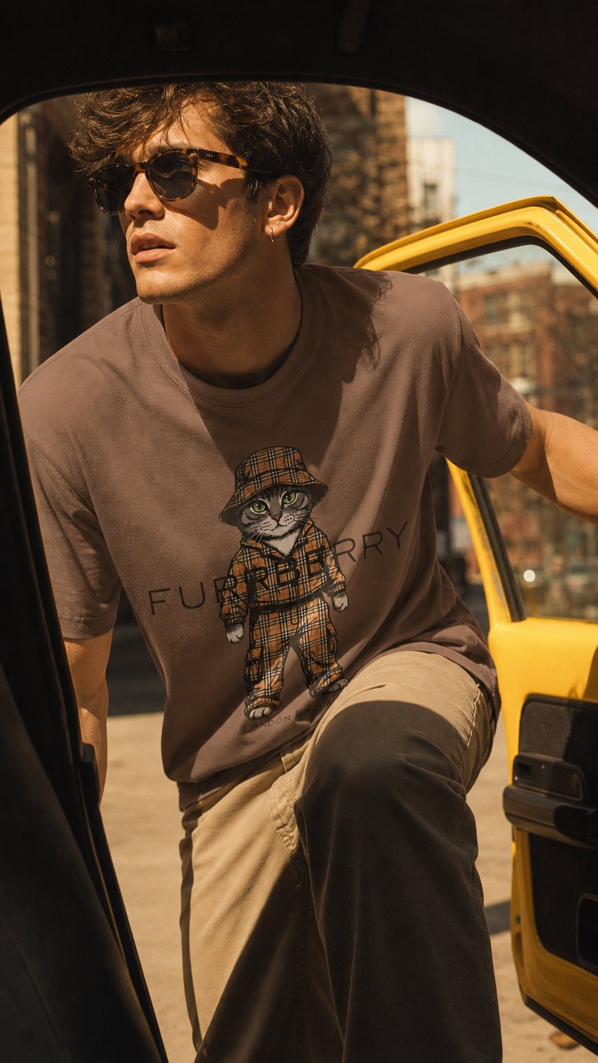 AI product shot of Furrberry Cat in Trench Coat T-Shirt | Cute Fashion Kitty Tee