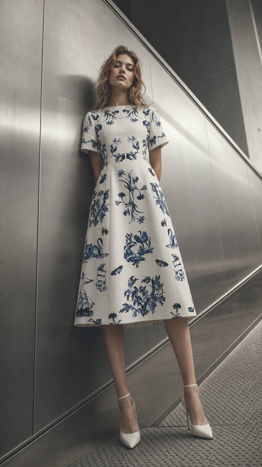 AI product shot of Floral Cotton Faille Short Sleeve Midi Dress