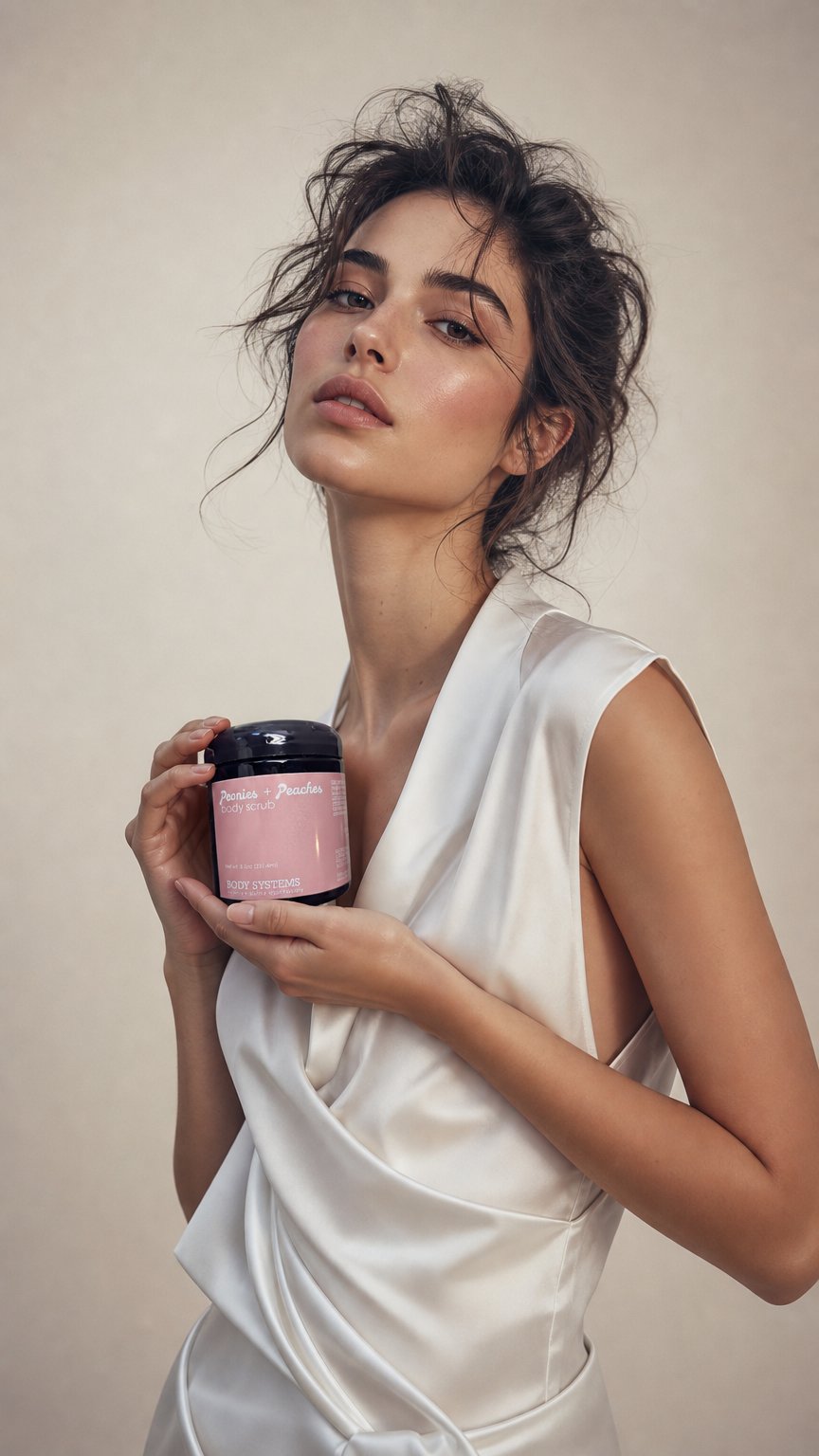 AI product shot of Peonies and Peaches Body Scrub