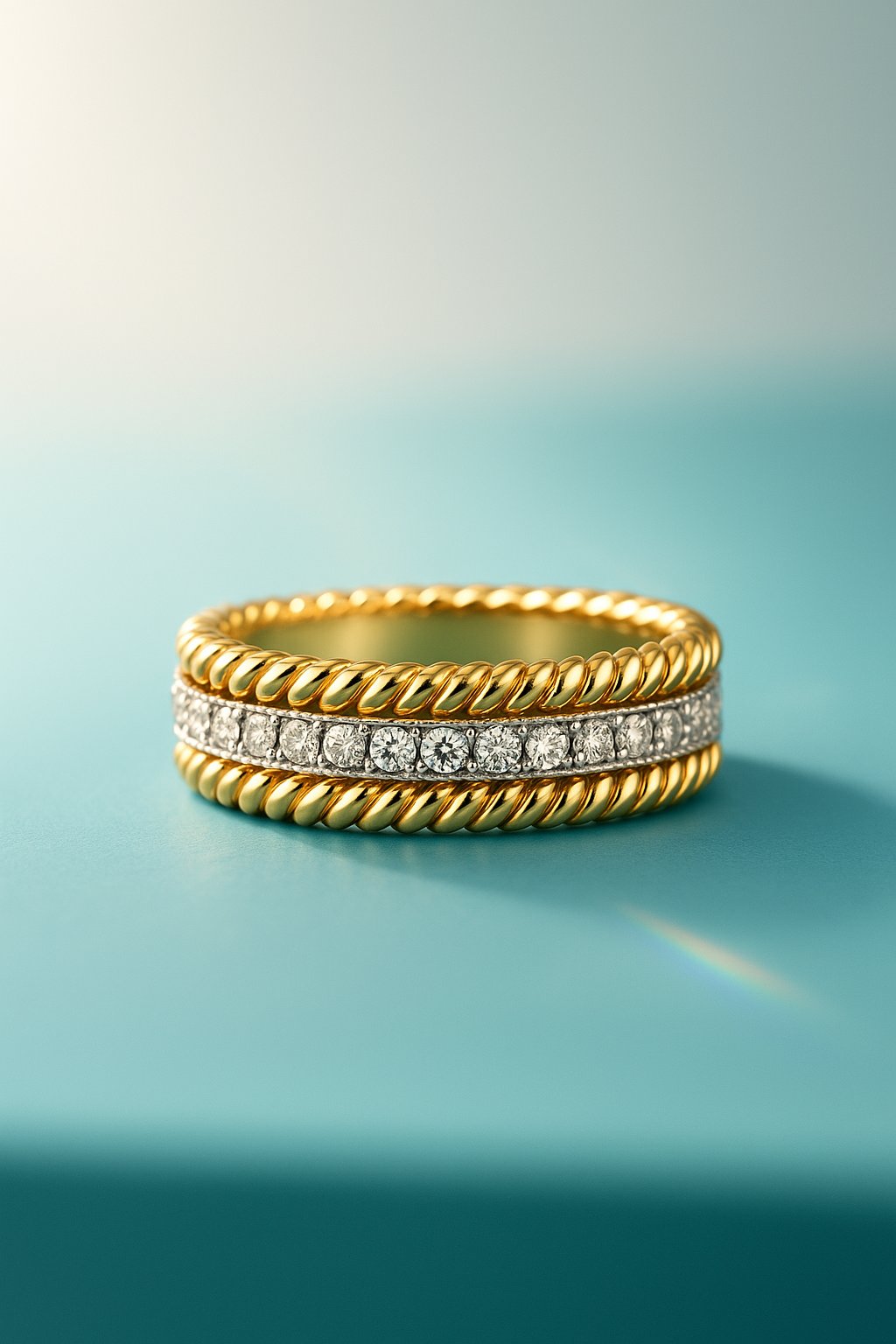 AI product shot of Tiffany Rope Two-row Ring in Yellow Gold and Platinum with Diamonds