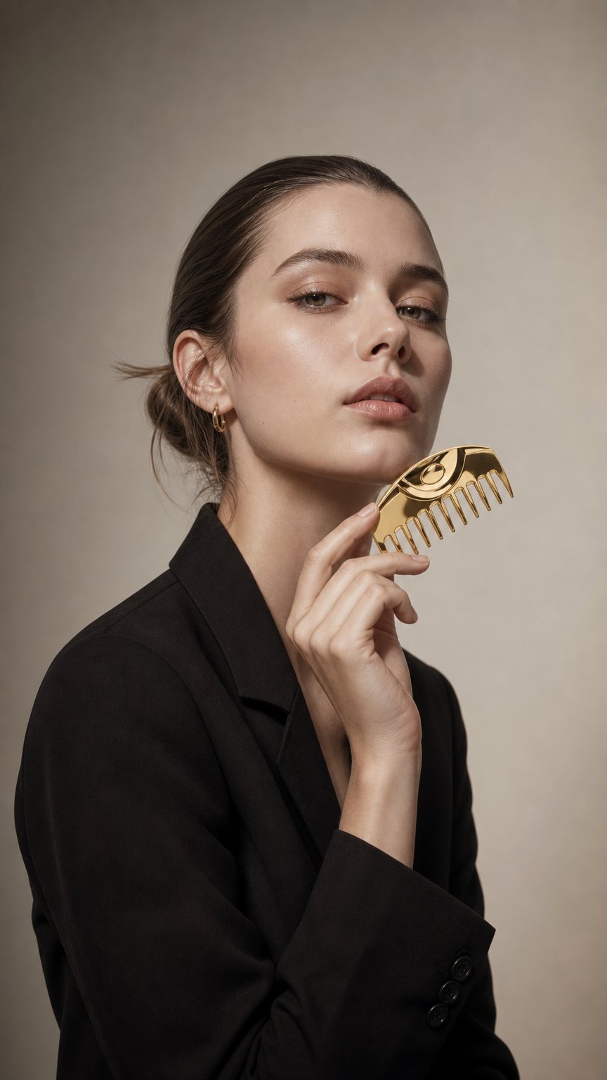 AI product shot of LOVECHROME K24GP WAVY TSUKI GOLD COMB CASE CHARM SET — Limited Edition