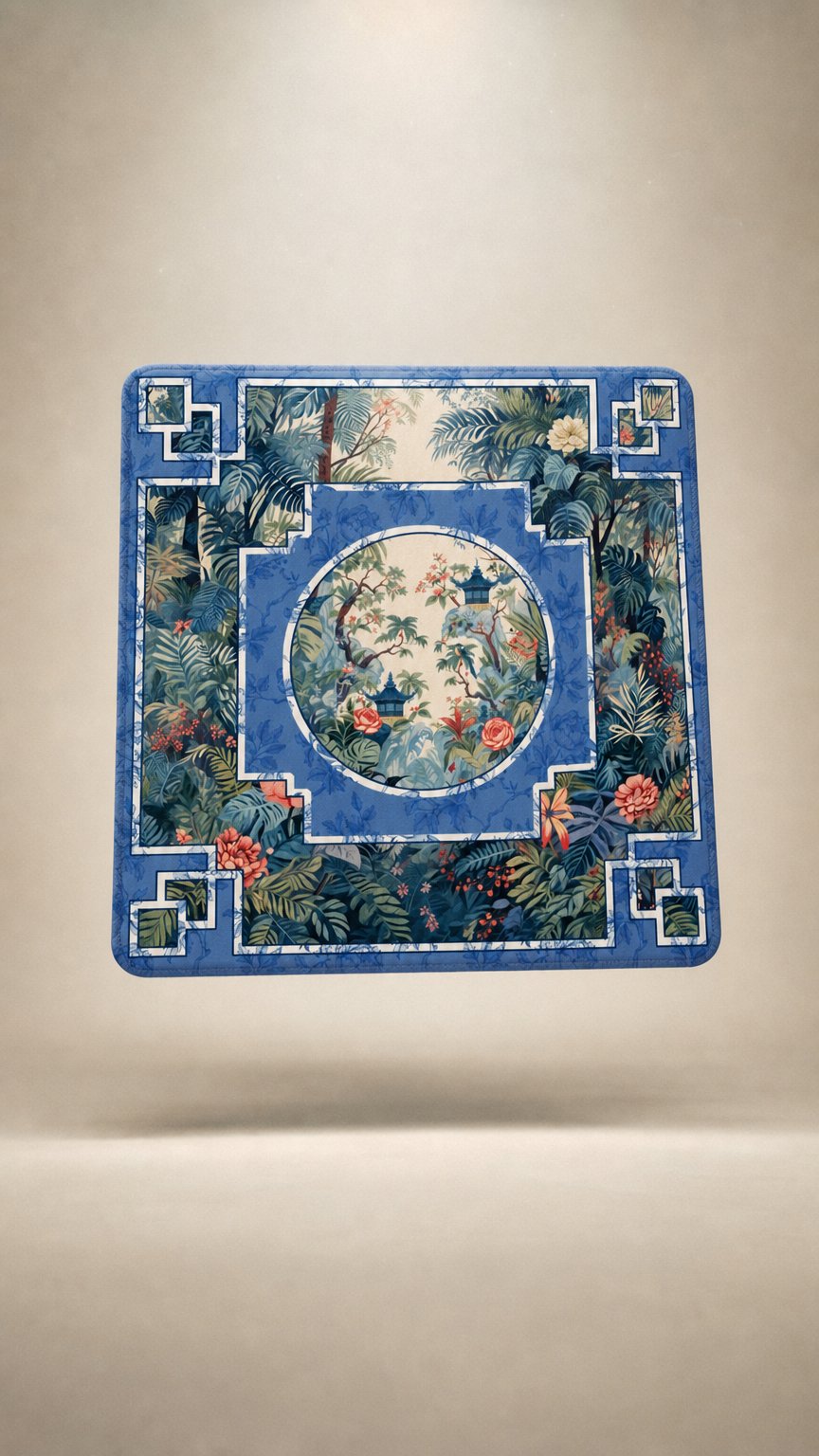 AI product shot of Mahjong Playing Mat with Chinoiserie design – Blue Floral Asian Garden, Non-Slip Surface