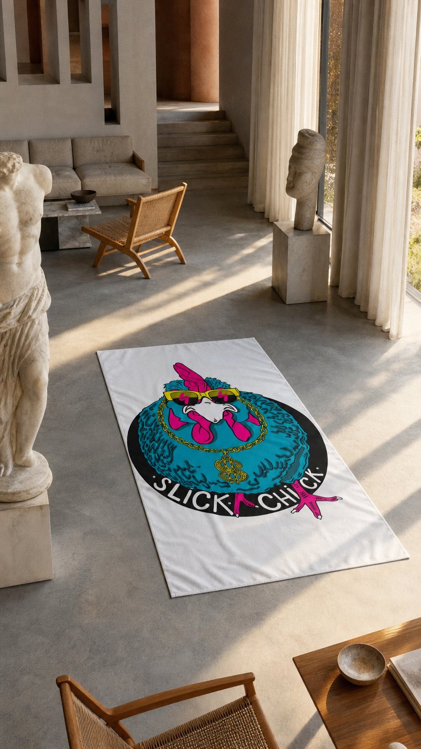 AI product shot of Slick Chick white beach towel