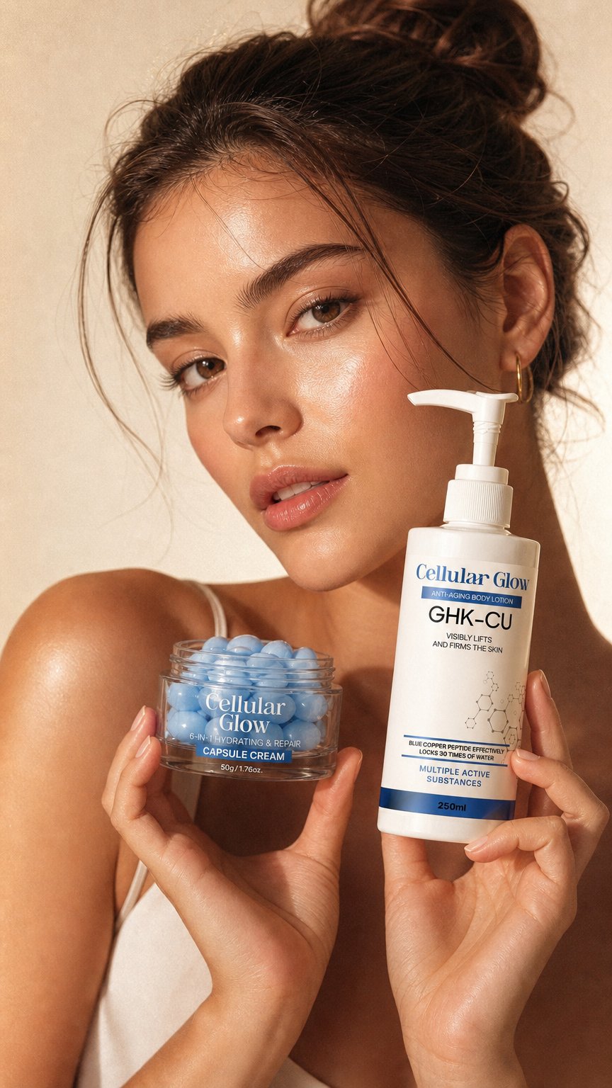 AI product shot of Cellular Glow Skin Care Bundle – Copper Peptide Body Lotion + 6-in-1 Capsule Cream for Face