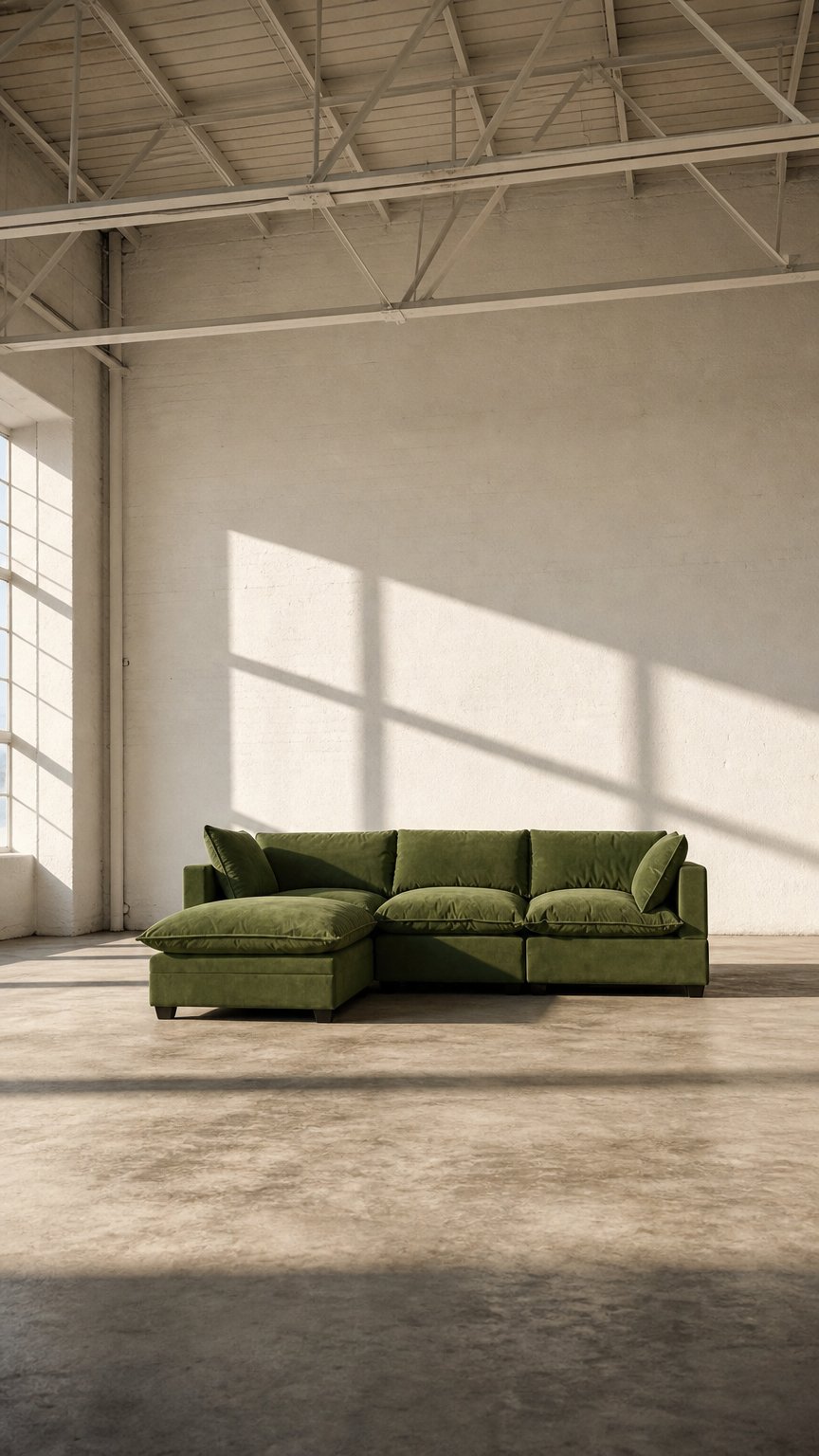AI product shot of Olive Green Velvet Cloud Sova Sectional