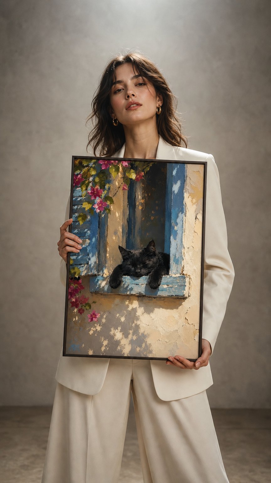 AI product shot of Sleeping Black Cat Wall Art Print, Mediterranean Window Cat Painting, Cozy Decor