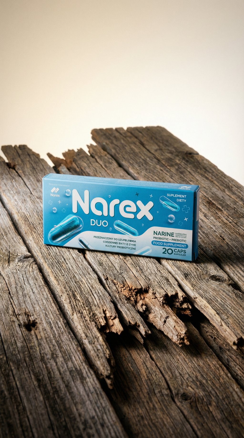 AI product shot of Probiotyk Narine • Narex Duo • 20 kapsułek