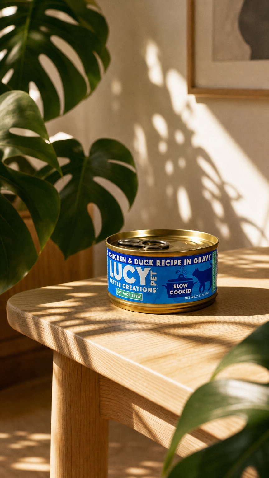 AI product shot of Lucy Pet Products Kettle Creations Chicken & Duck Recipe in Gravy Wet Cat Food
