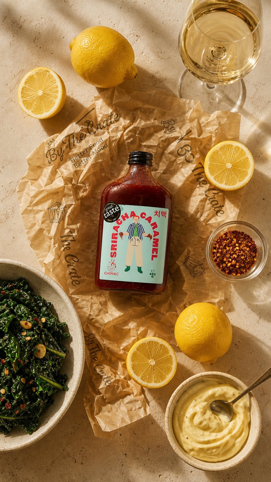 AI product shot of CHIMAC SRIRACHA CARAMEL SAUCE