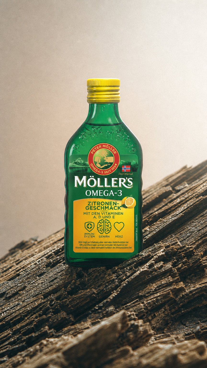 AI product shot of Möller’s Omega-3 Zitrone – Wertvolle Nährstoffe