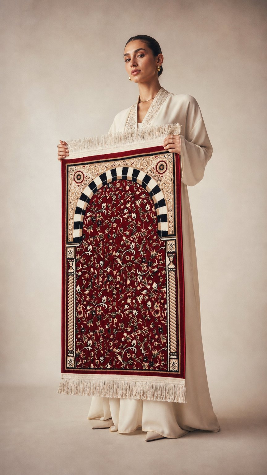 AI product shot of Prayer mat, Qubaa collection, Mada Carpet red