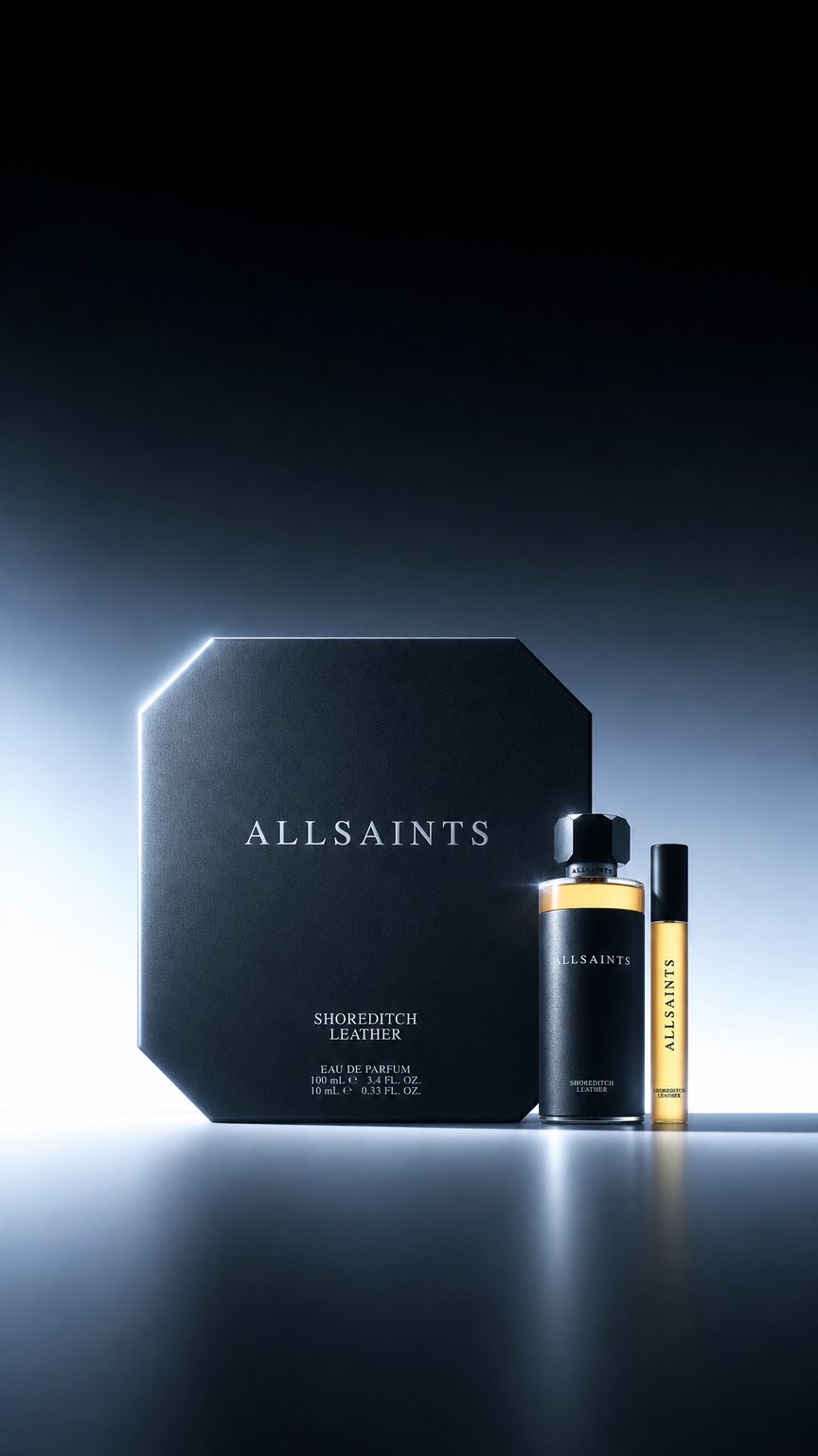 AI product shot of AllSaints Shoreditch Leather 100ml Gift Set