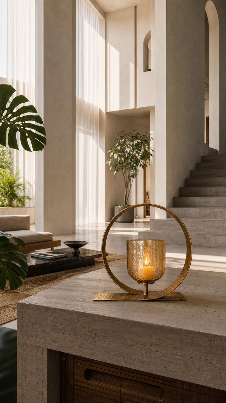 AI product shot of Sculptural Brass Votive Holder with Amber Cup