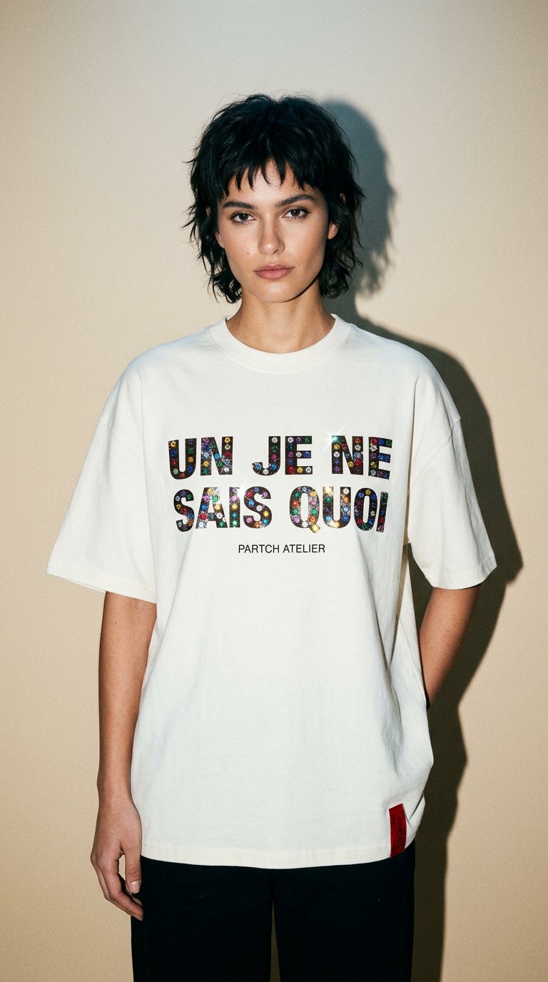 AI product shot of PARTCH Un Je Ne Sais Quoi Crystal Oversized T-Shirt Cream | Limited Edition