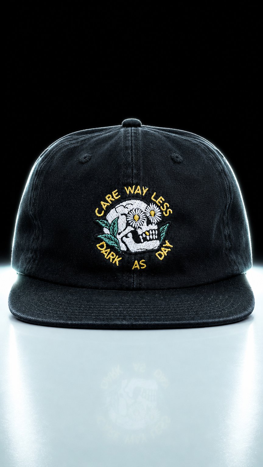 AI product shot of Care Way Less 6 Panel Cap