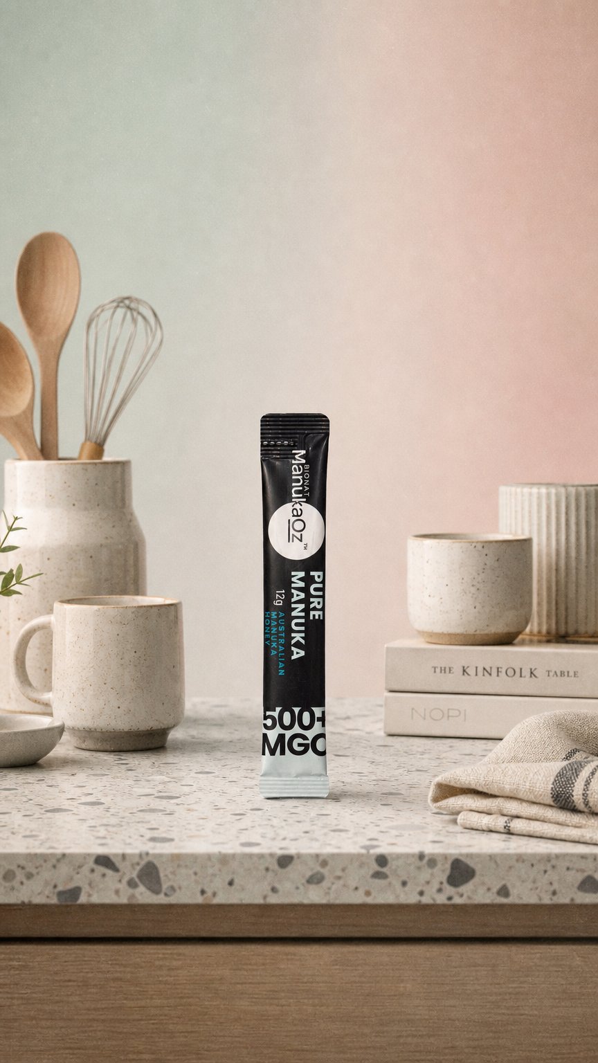 AI product shot of Pure Range MGO 500 Australian Manuka Honey / 30 x 12g Sachets (0.5oz)