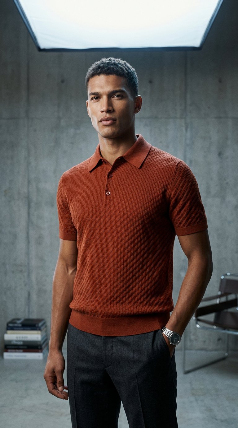 AI product shot of Brick cotton, silk and cashmere Trama weave polo