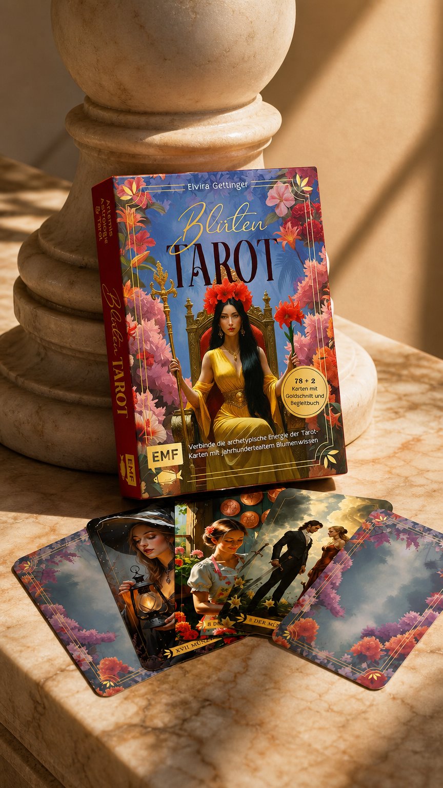 AI product shot of Tarot-Kartenset: Blütentarot | Verbinde die archetypische Energie der Tarot-Karten mit jahrhundertealtem Blumenwissen
