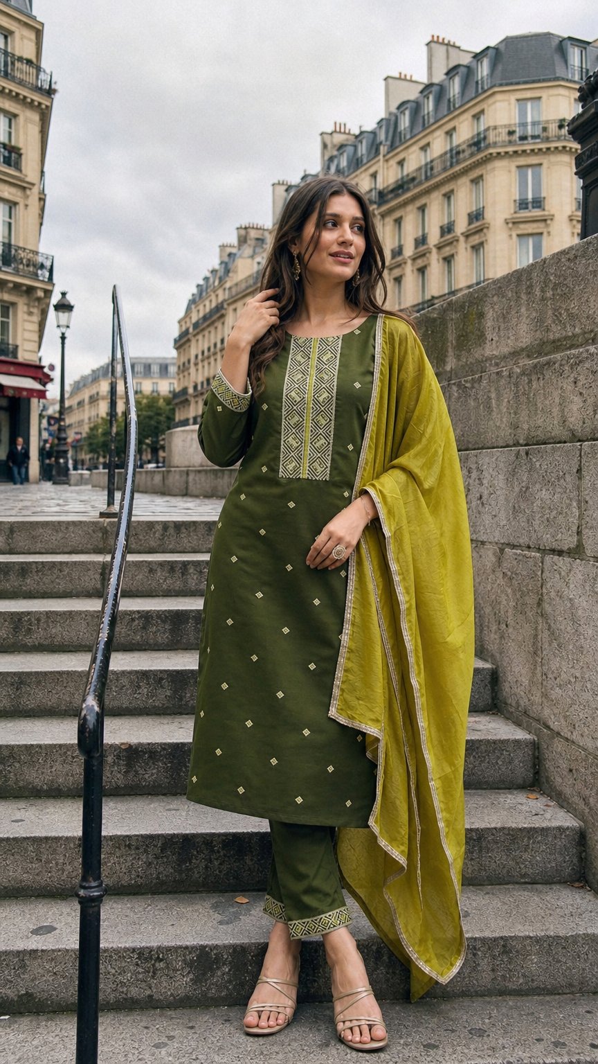 AI product shot of Roman Silk kurti With Fancy Embroidery Work kurti Set