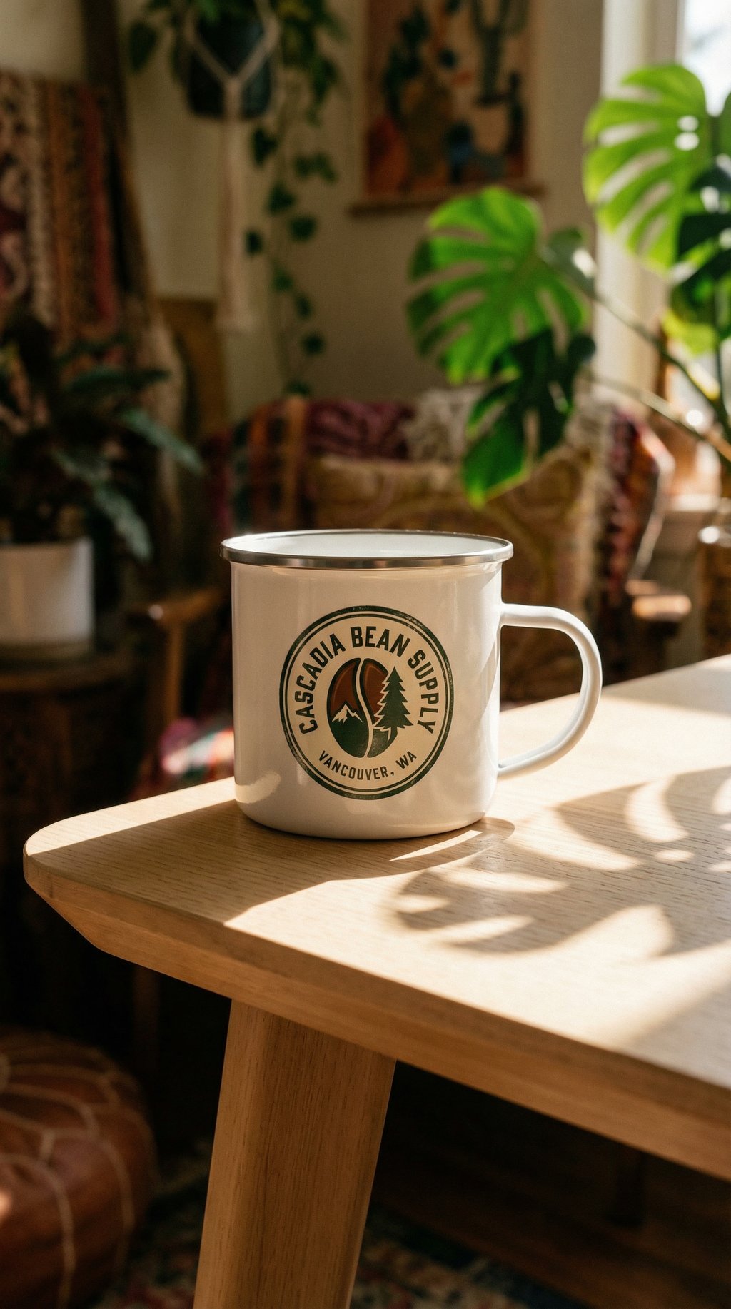 AI product shot of Cascadia Campfire Enamel Mug