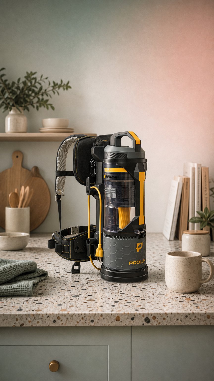 AI product shot of Prolux XForce Pro Commercial Backpack Vacuum w. 1.5 inch Attachment Kit