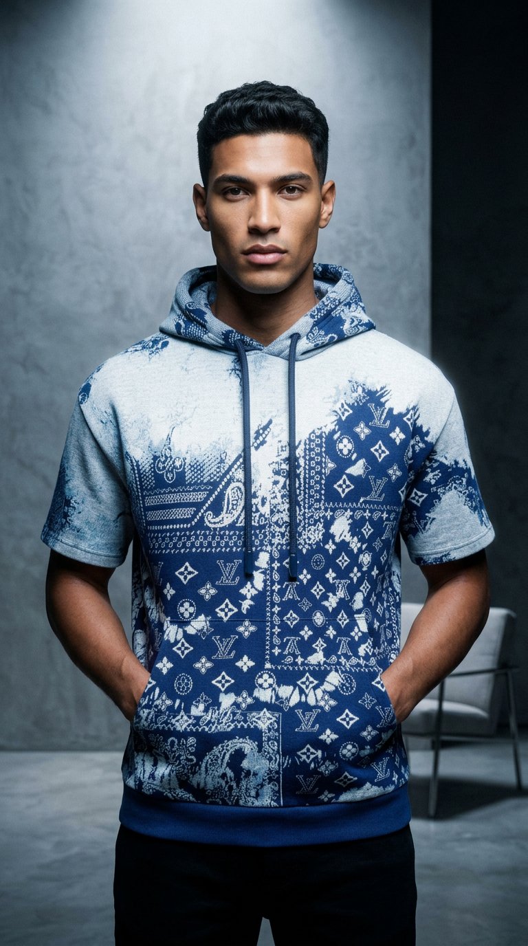 AI product shot of LOUIS VUITTON BLUE BANDANA HOODIE - MEDIUM (Fits M/L) | PRE OWNED