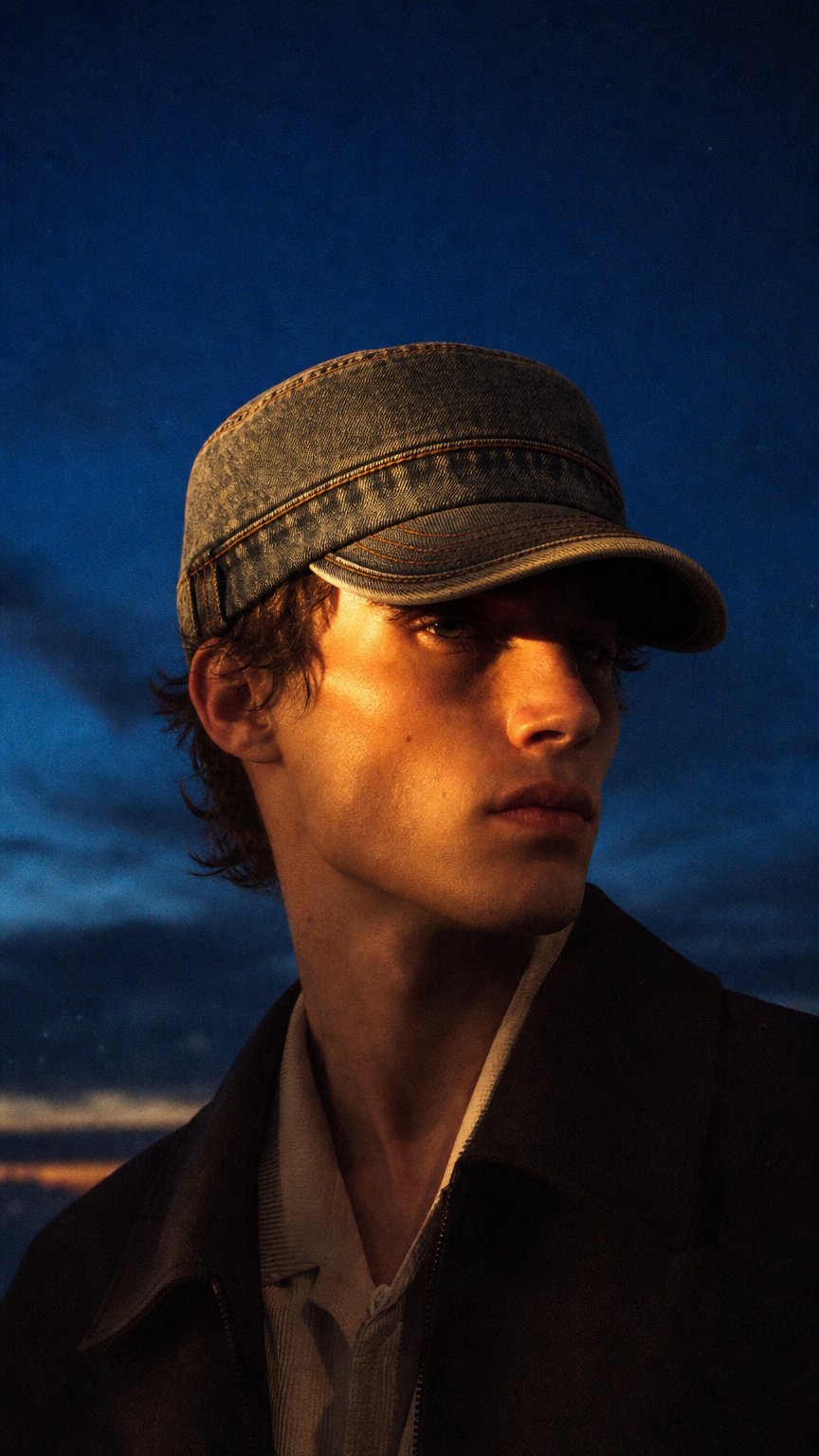 AI product shot of Denim Army Cap