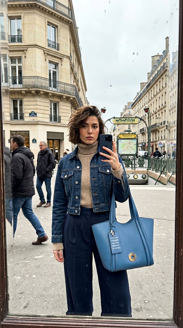 AI product shot of Vicky shopping bag with decorative blue tag