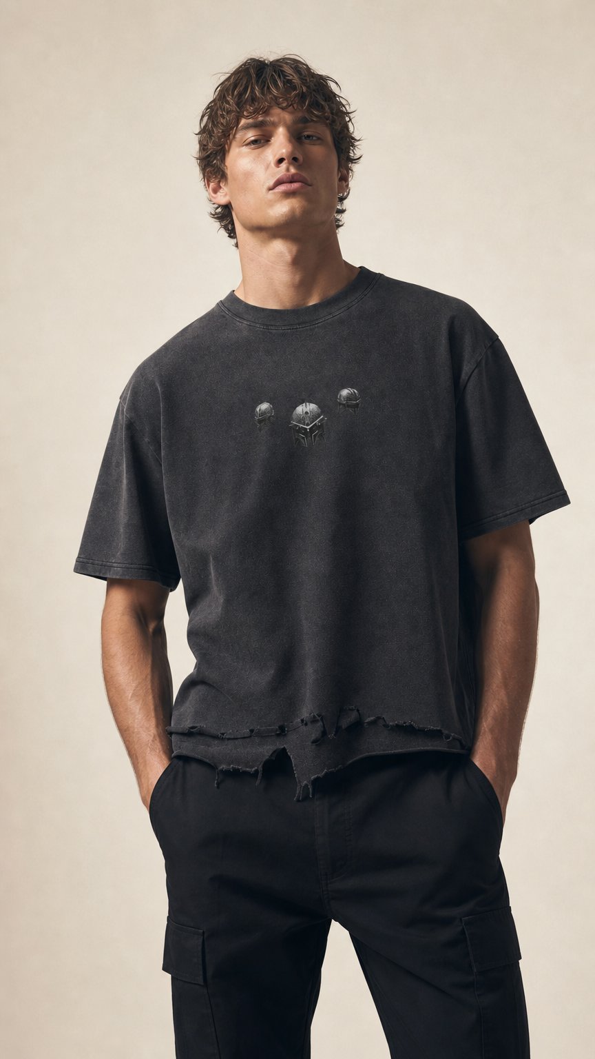 AI product shot of The Demigod Vintage Wash Boxy Distressed Hem T-Shirt