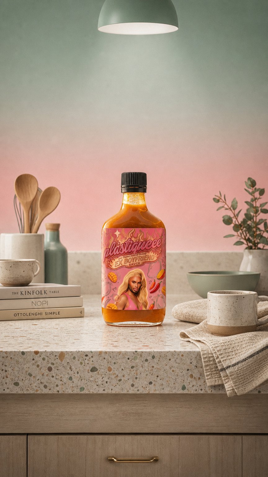AI product shot of HOTTER THAN YOUR EX BOYFRIEND HOT SAUCE 🥭 🌶️
