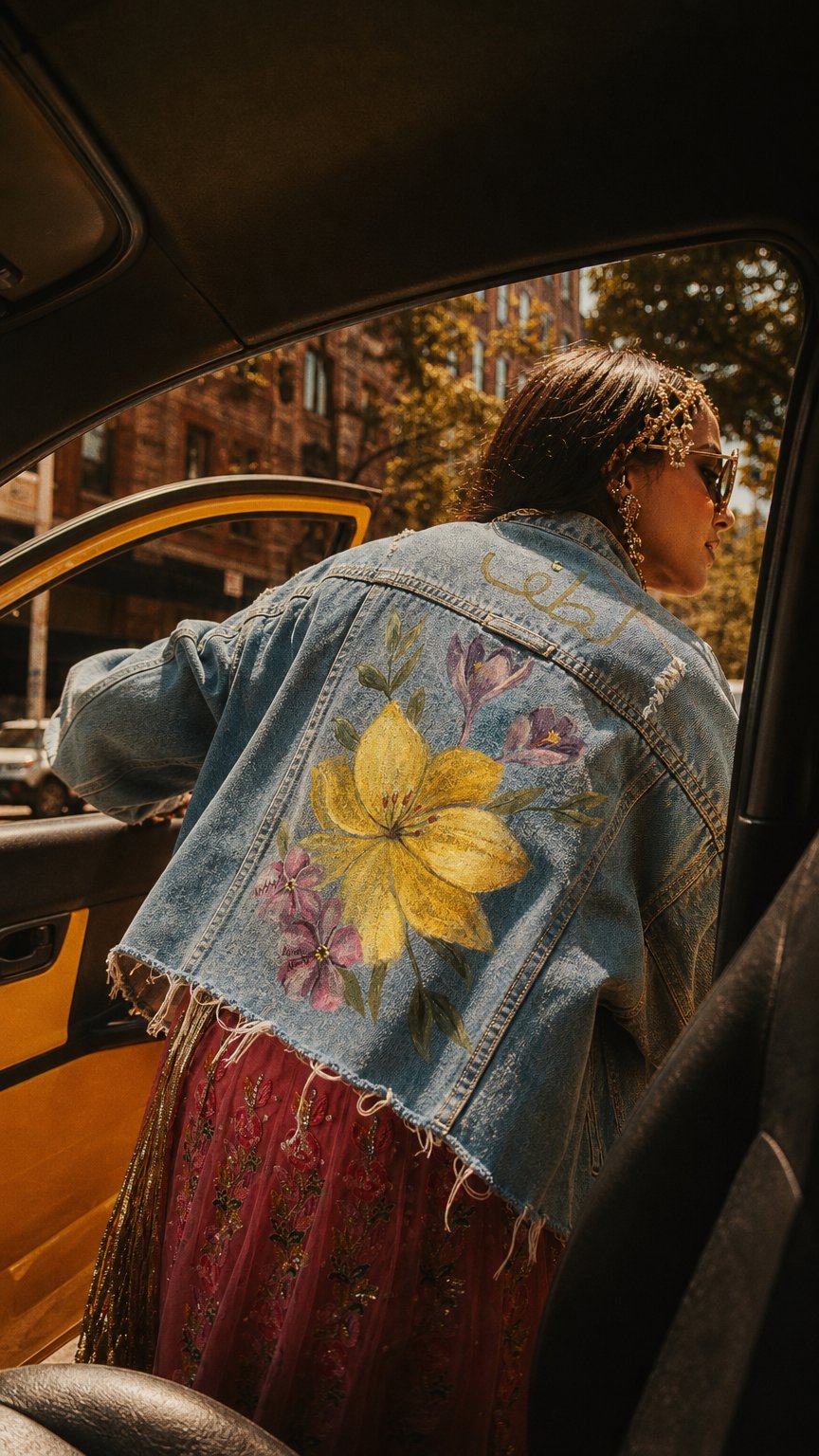 AI product shot of Hand Painted Floral Denim Jacket | One of a Kind Handmade Piece of Art