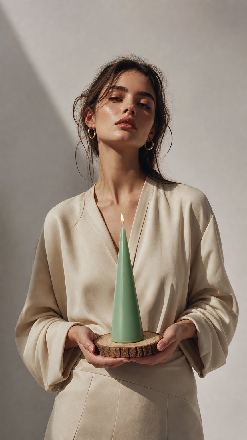 AI product shot of נר CONE ירוק פסטל