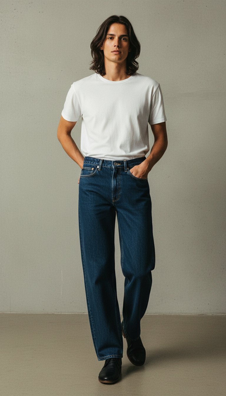 AI product shot of Jeans femme wide leg Wyde Sara Stone Indigo