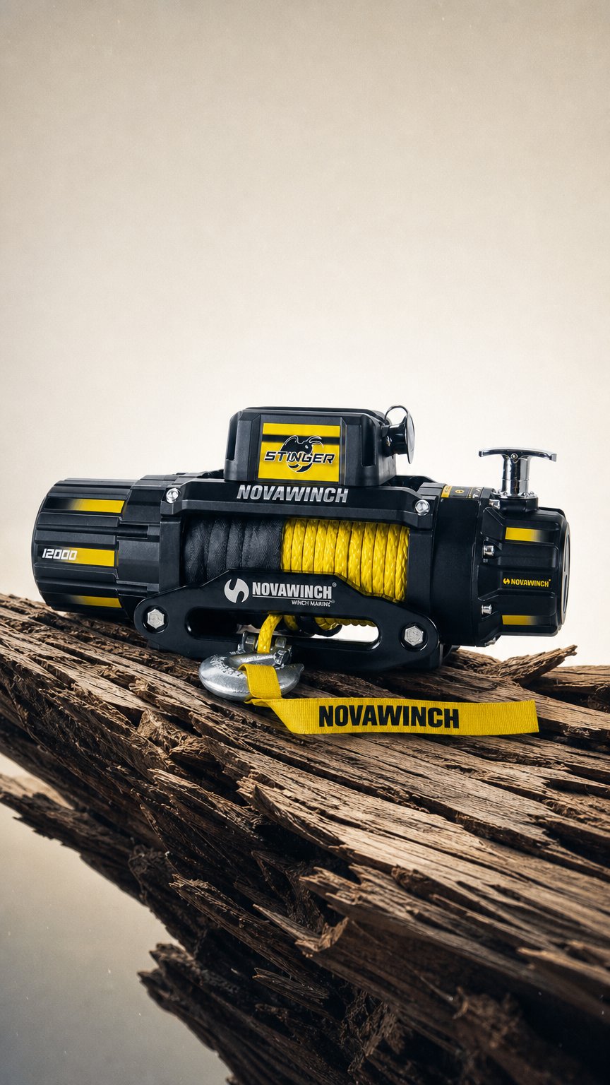 AI product shot of 12V 12,000lb Electric Winch with Synthetic Rope & Wireless Remote – Stinger